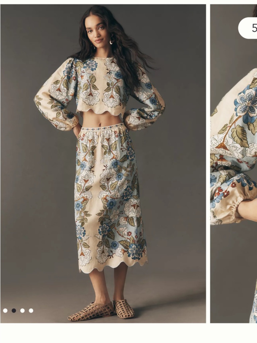 Farm Rio Floral Scallop Crop Top - Cream & Blue Skirt Set